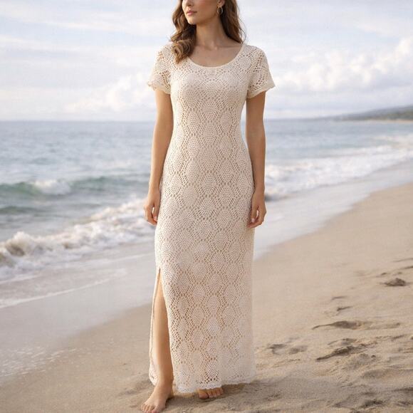 Newport News Dresses & Skirts - Vintage 90 Newport News Ivory Crochet Lace Maxi Dress 8 Coastal Cottagecore Boho